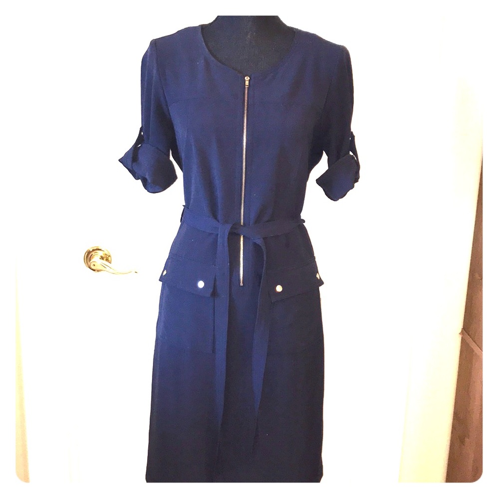 Navy Blue Dress with zipper and belt.